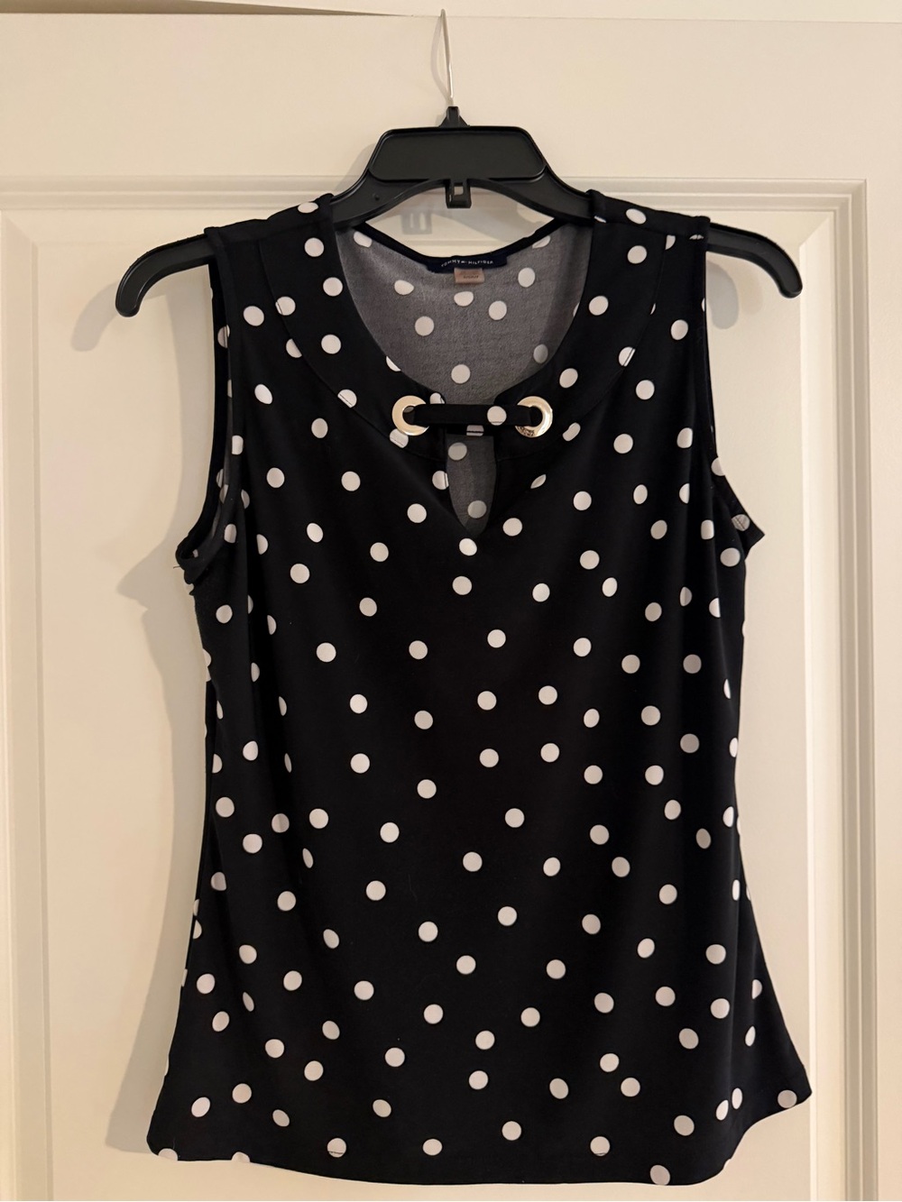 Tommy Hilfiger Black and White Polka Dot Sleeveless Top with Gold Accent